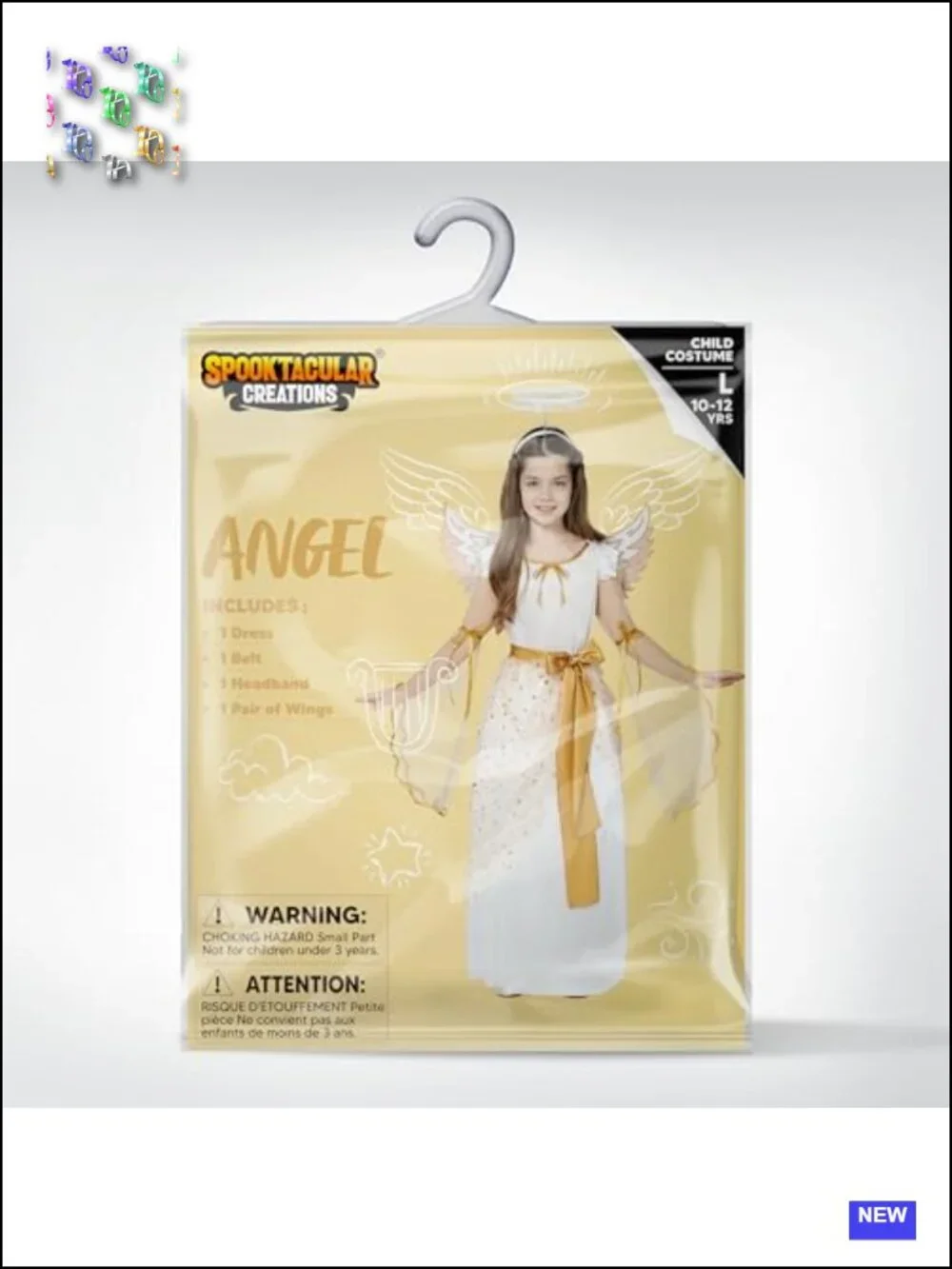 Girls Angel Costume Set with Wings & Halo, Golden Foil Satin Dress